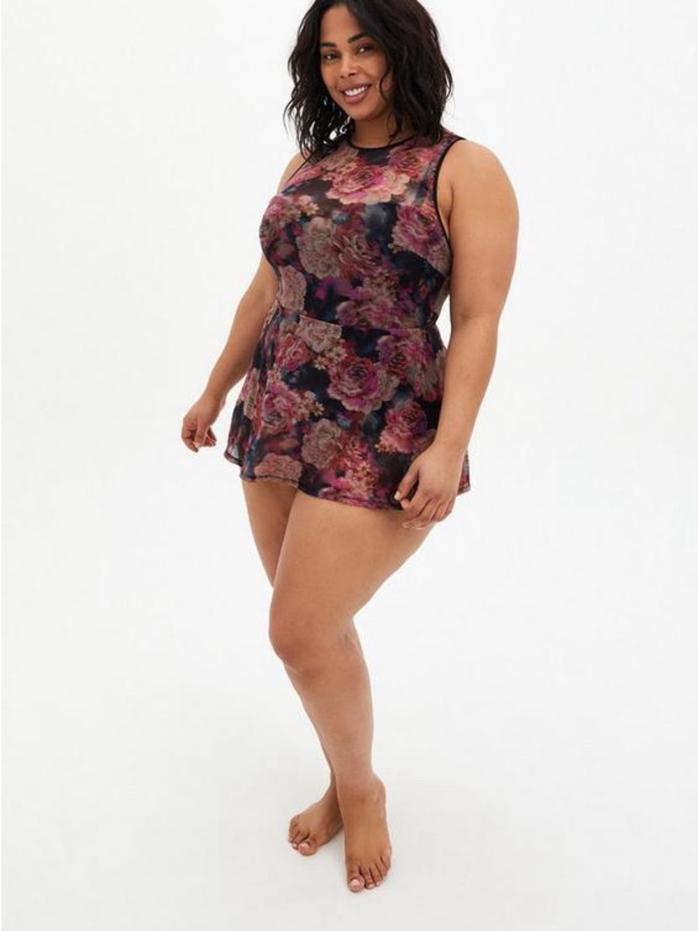 Underwire short Floral Mesh Overlay swim dress with brief